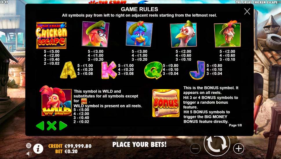 The Great Chicken Escape slot paytable