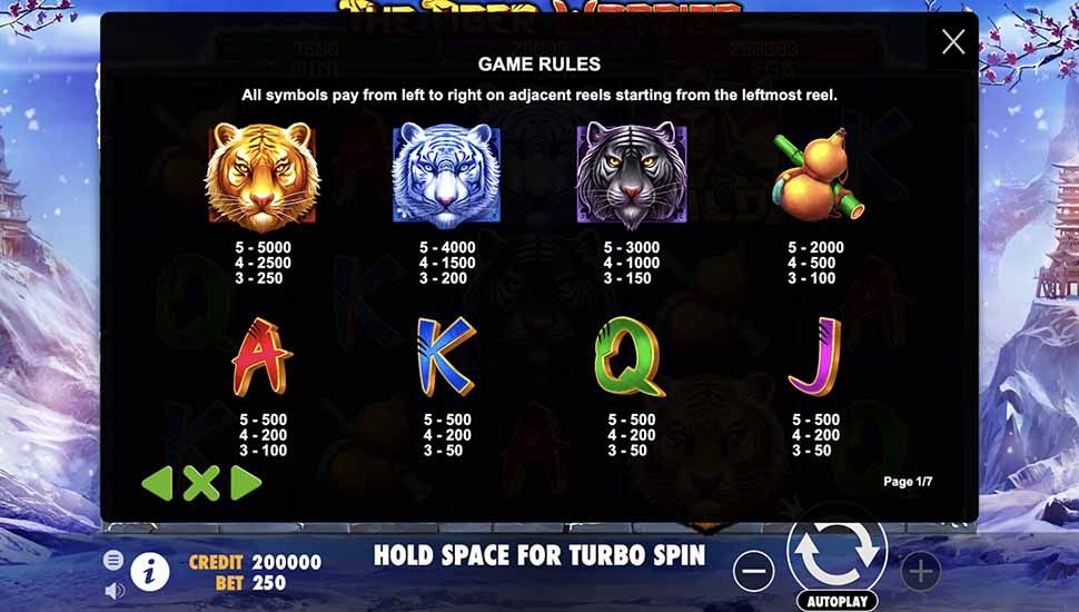 The Tiger Warrior slot paytable