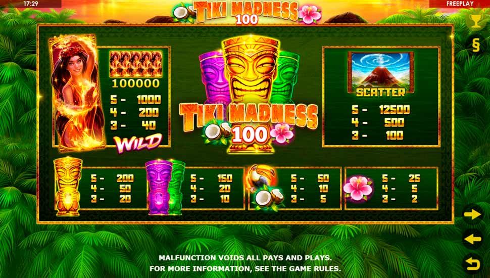 Tiki madness 100 slot paytable