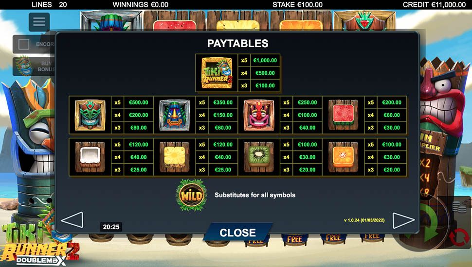 Tiki Runner 2 DoubleMax slot paytable