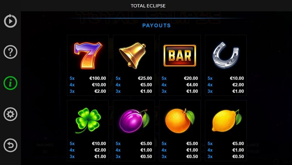 Total Eclipse slot Paytable