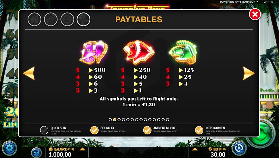 Towering Pays: Babylon slot paytable