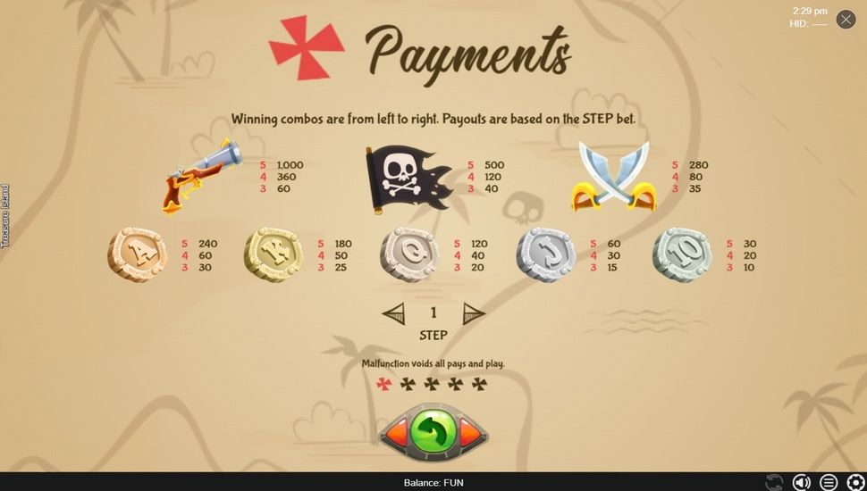 Treasure island slot paytable
