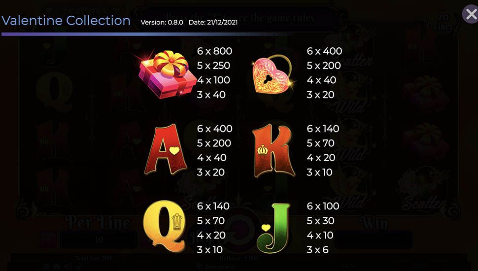 Valentine Collection 20 Lines slot paytable