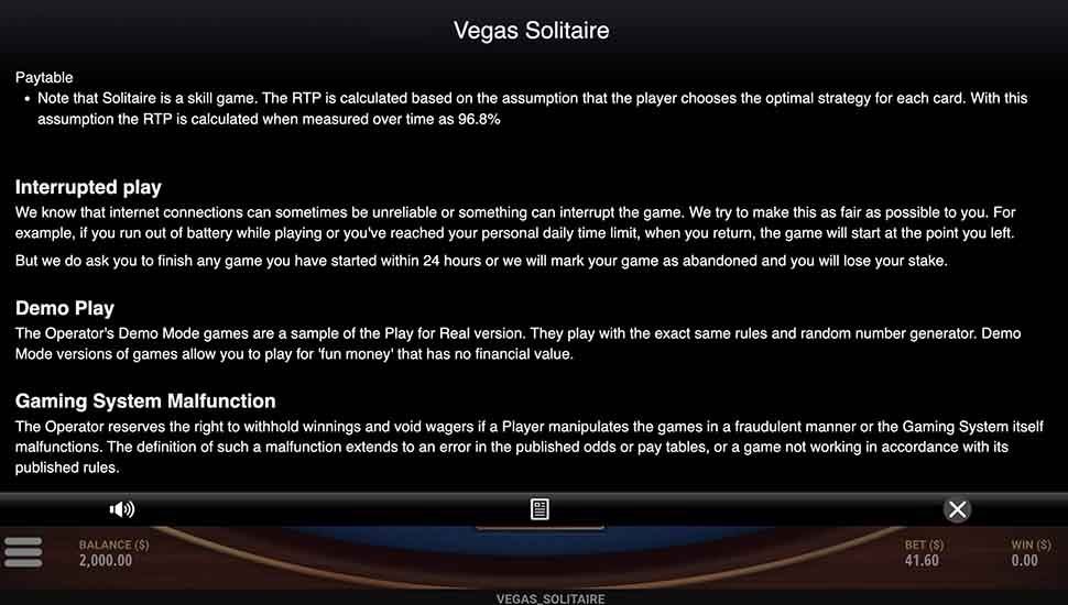 Vegas Solitaire slot paytable