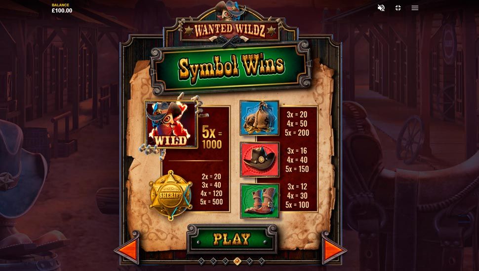 Wanted wildz slot - paytable