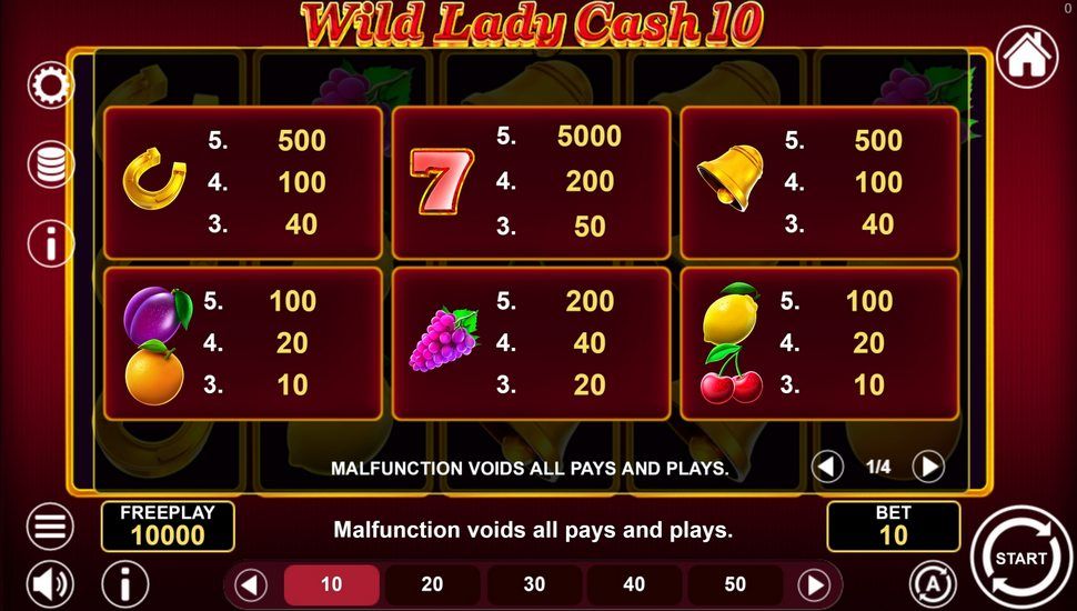Wild Lady Cash 10 slot Paytable