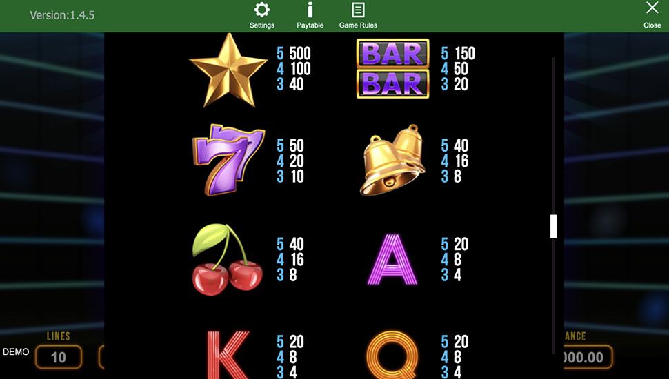 Wild Reels slot paytable