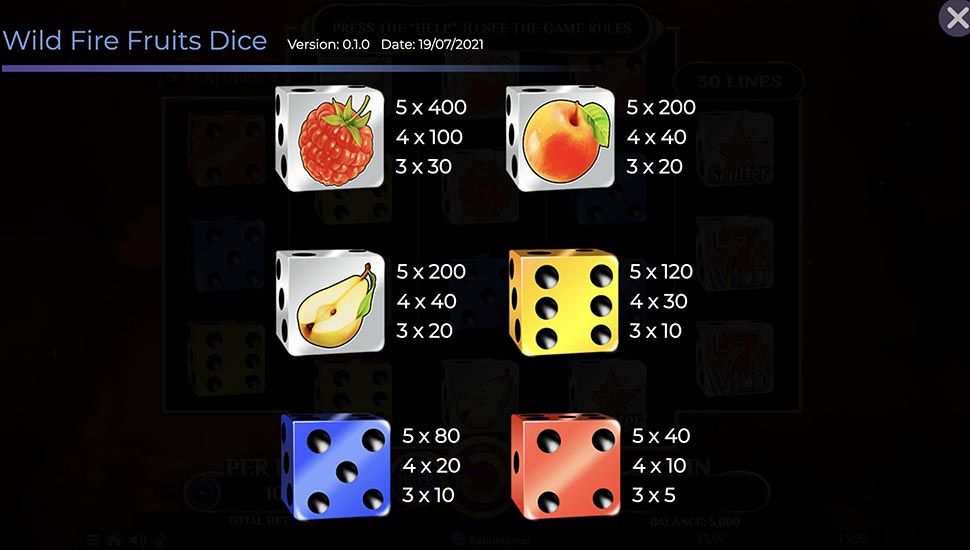 Wildfire Fruits Dice slot paytable