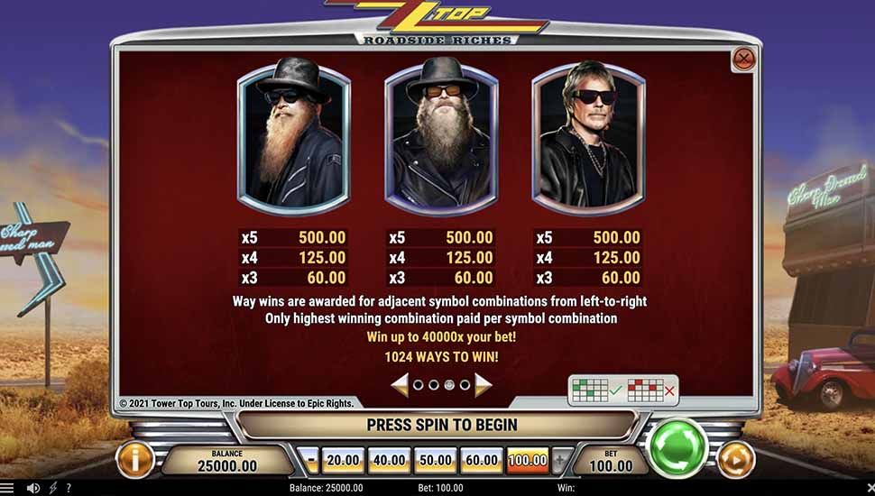 ZZ Top Roadside Riches slot paytable