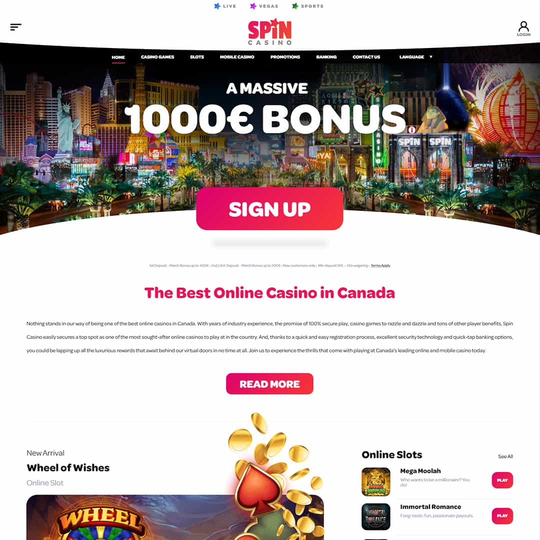 Spin casino - home page screenshot.