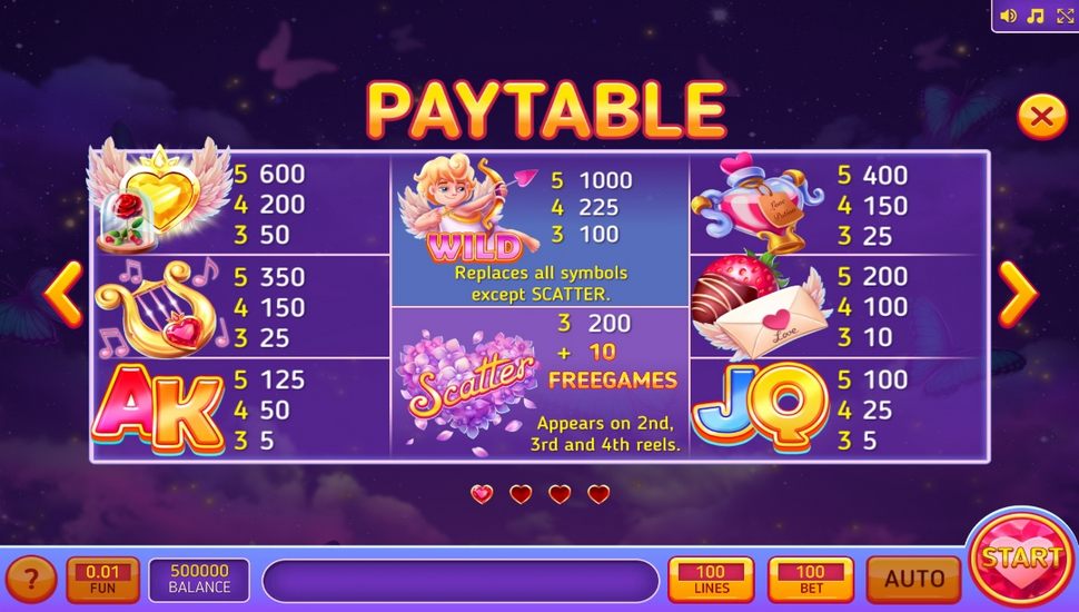 100 hearts slot paytable