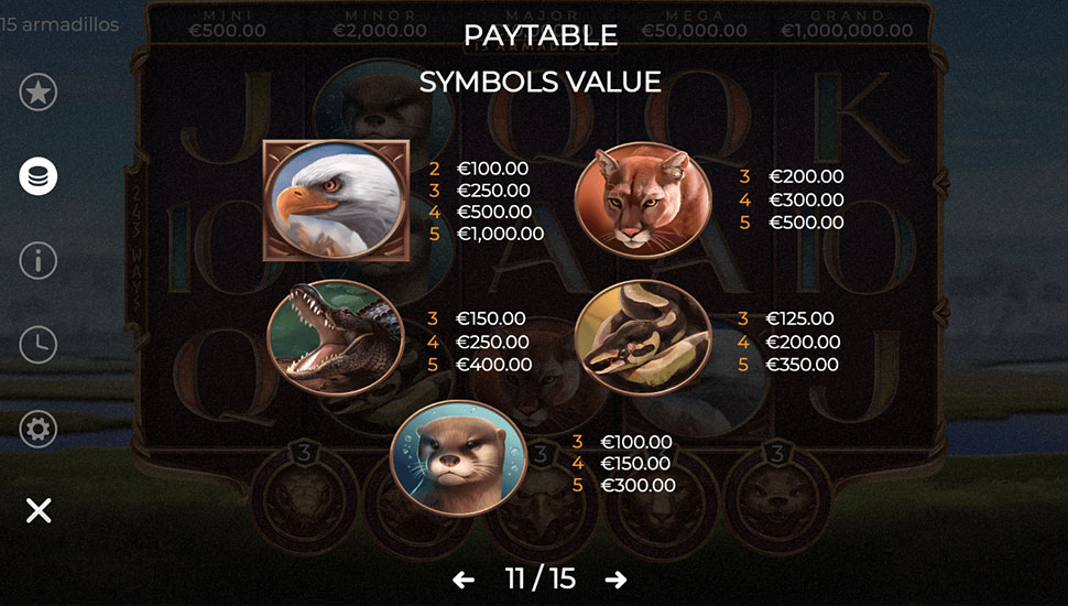 15 Armadillos slot paytable