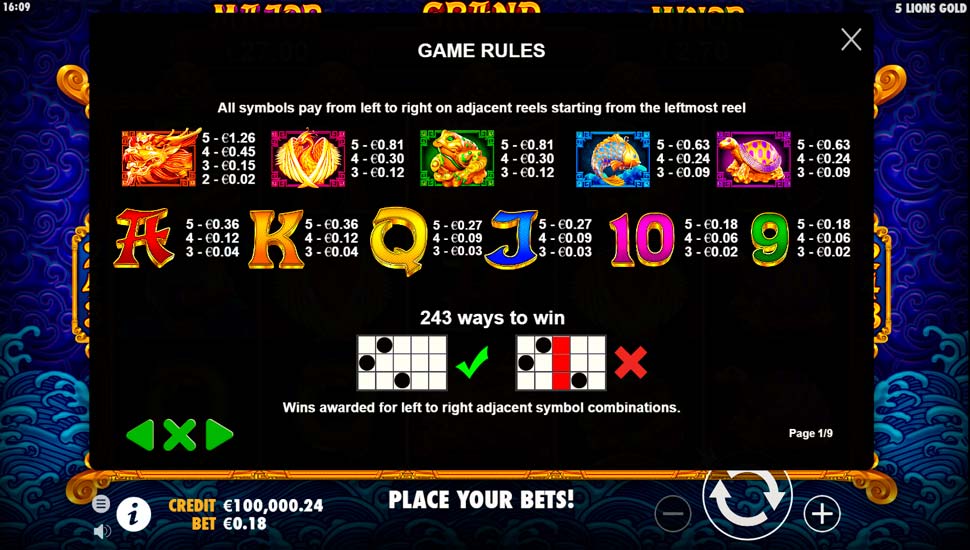 5 lions gold slot paytable