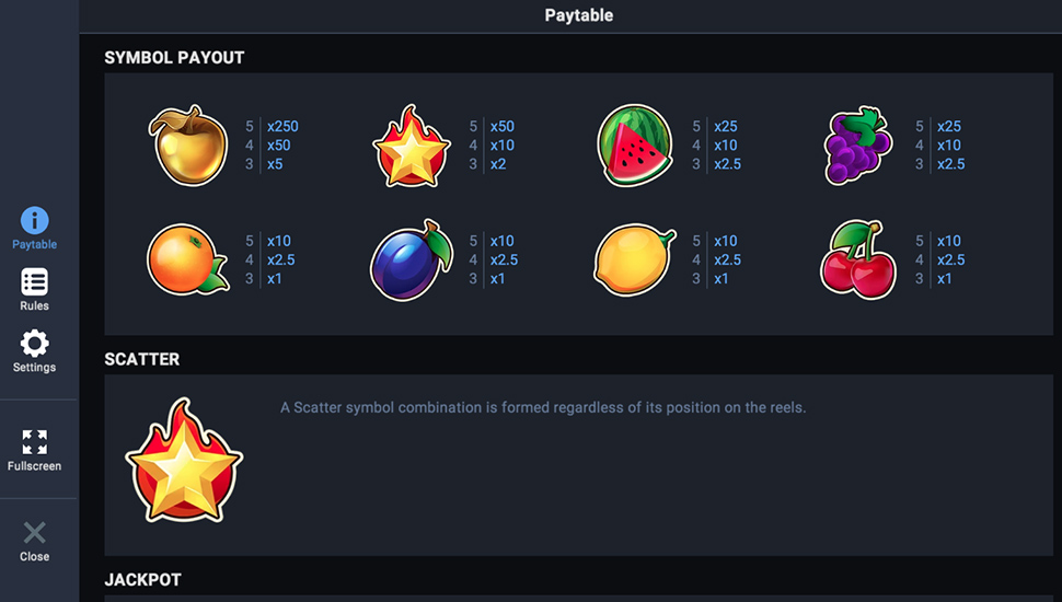 Fruit Super Nova Jackpot slot - paytable