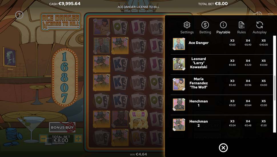 Ace Danger: License to Kill slot paytable