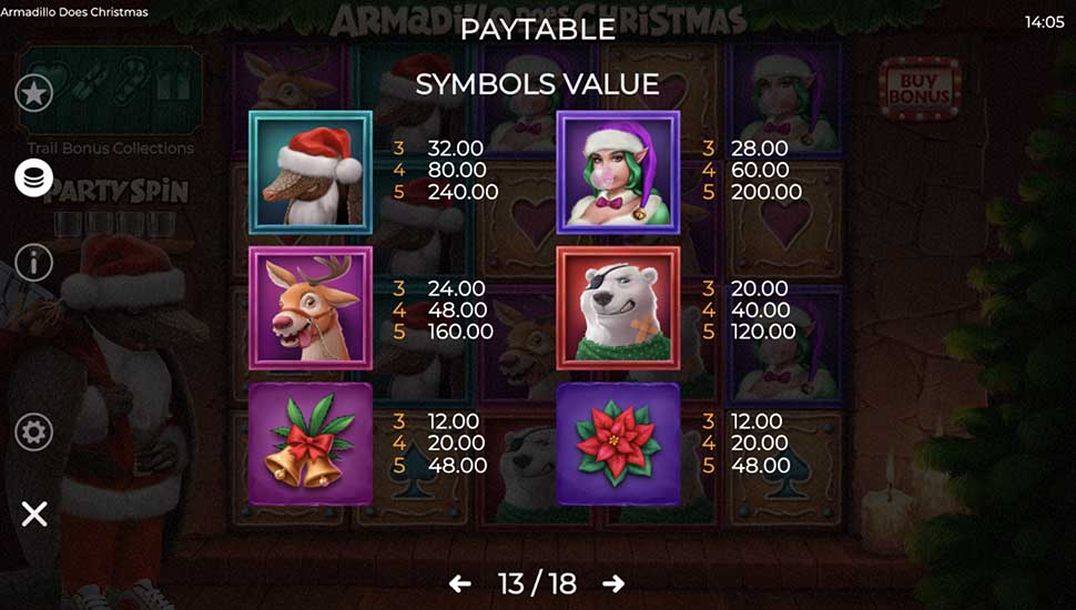 Armadillo Does Christmas slot paytable