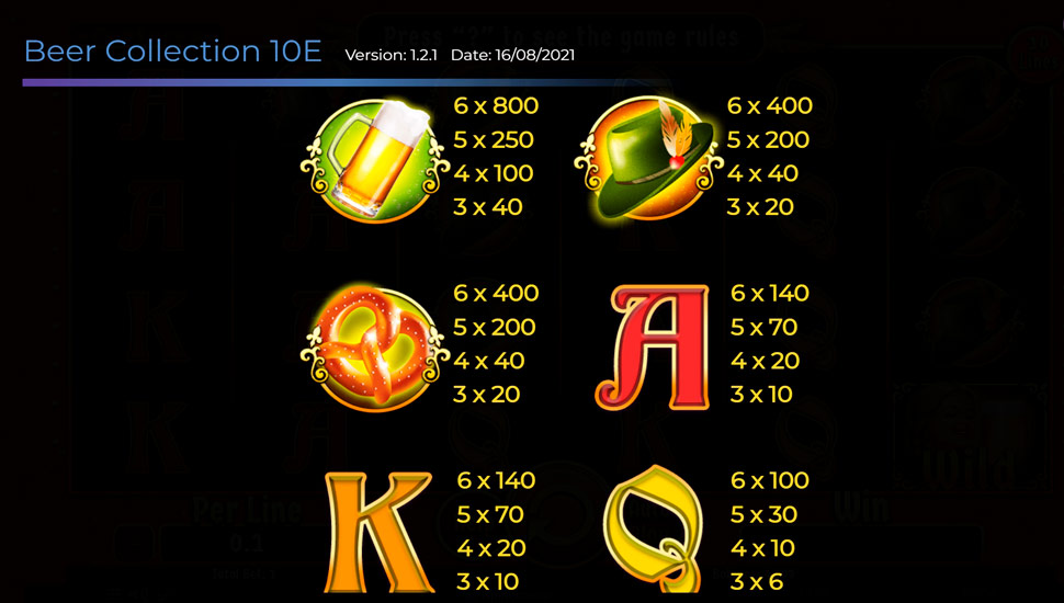 Beer Collection 10 Lines slot paytable