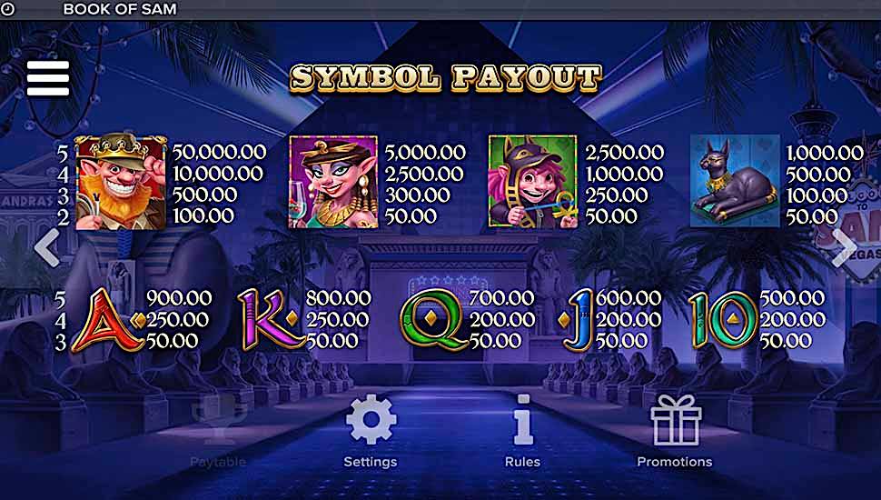 Book of Sam slot paytable