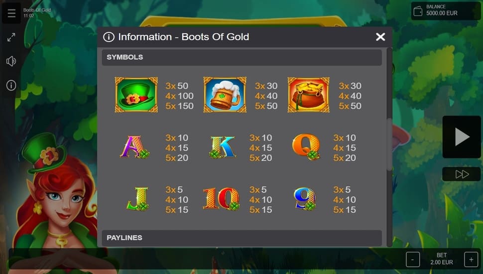Boots of gold slot paytable