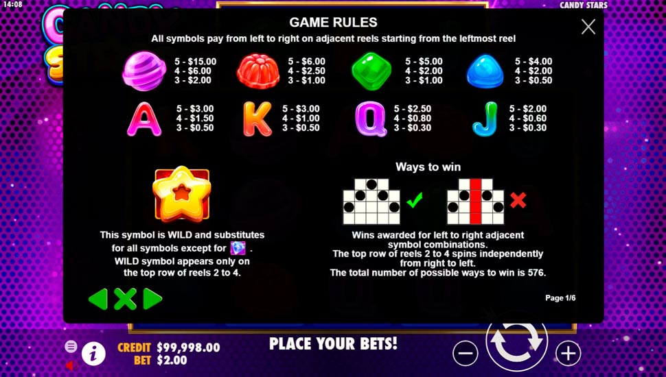 Candy stars slot paytable