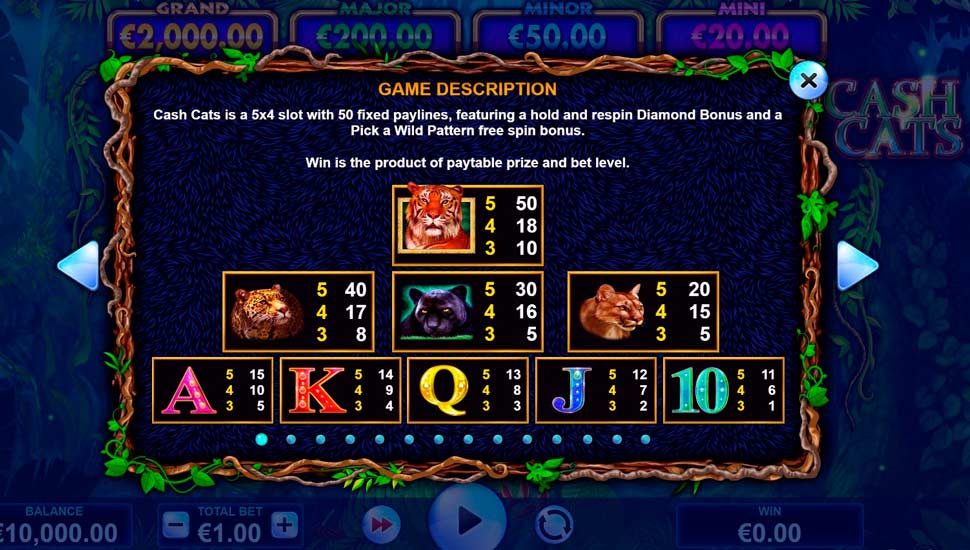 Cash cats slot - paytable