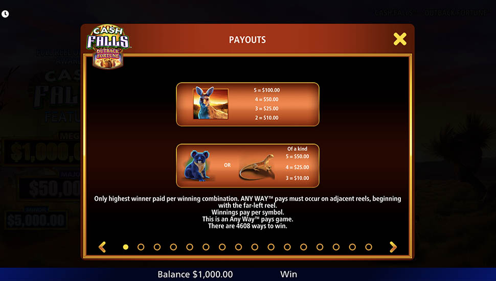 Cash Falls Outback Fortune slot paytable