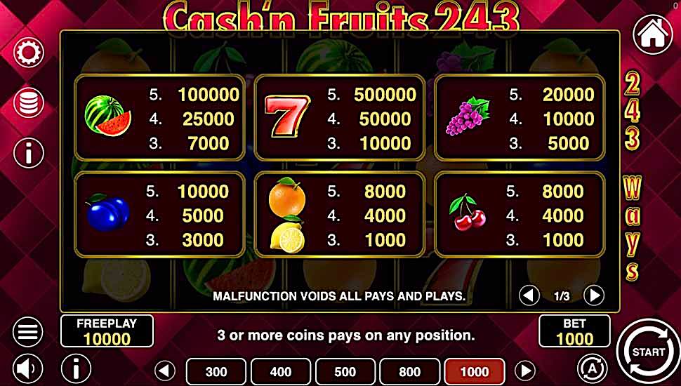 Cash-Fruits 243 slot paytable