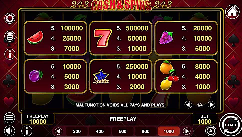 Cash Spins 243 slot paytable