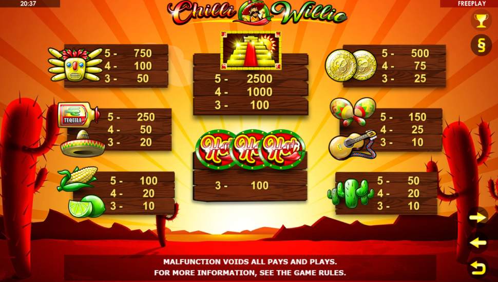 Chilli Willie slot - payouts