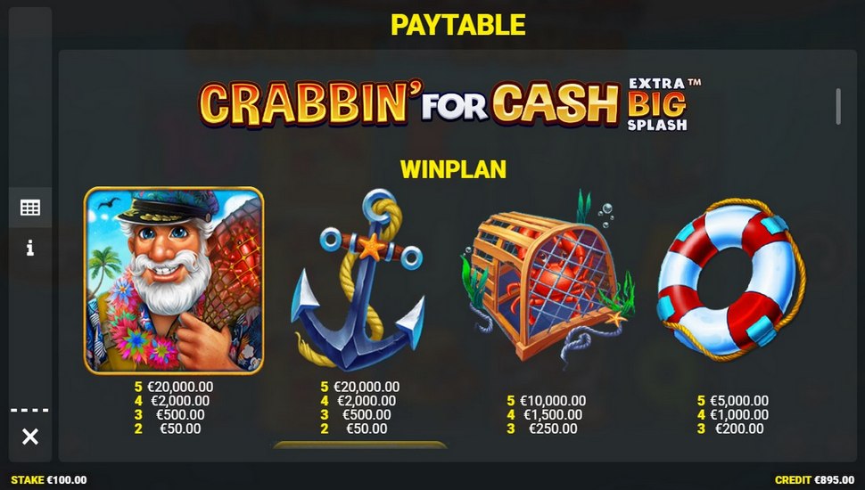 Crabbin for Cash Extra Big Splash slot paytable