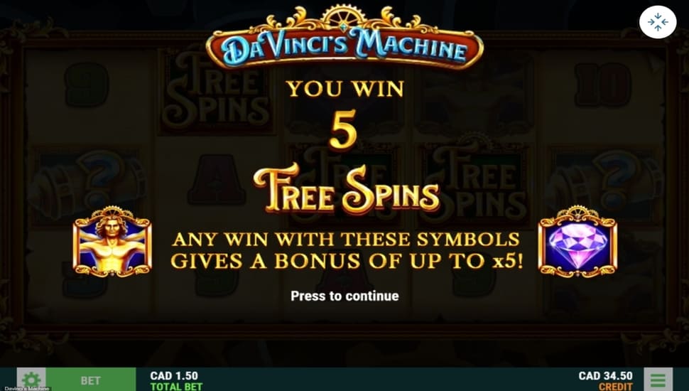 Da vinci's machine slot free spins