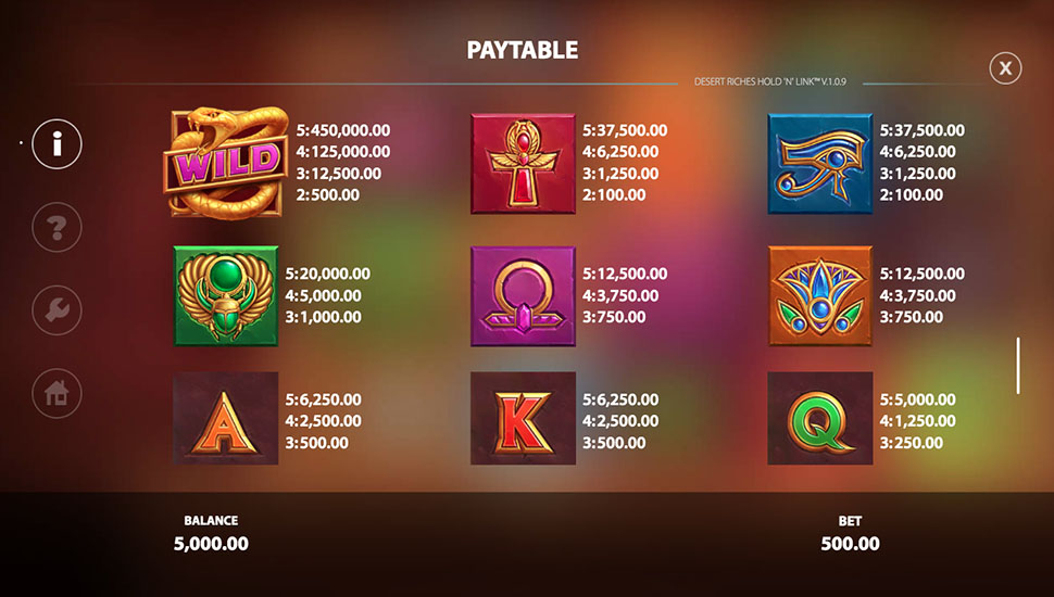 Desert Riches Hold 'N' Link slot paytable