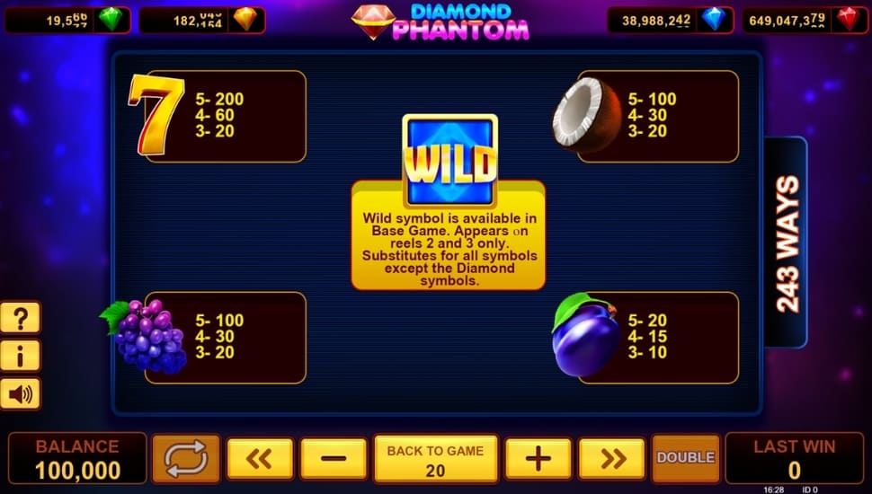 Diamond phantom slot paytable