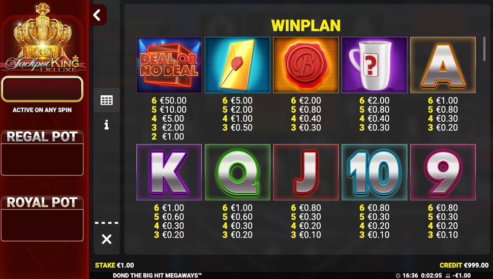 DOND The Big Hit Megaways slot paytable