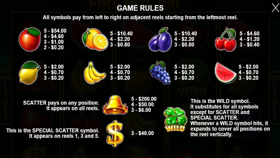 Fire Hot 100 Slot - Paytable