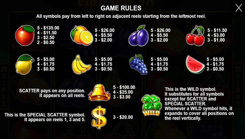 Fire Hot 20 Slot - Paytable
