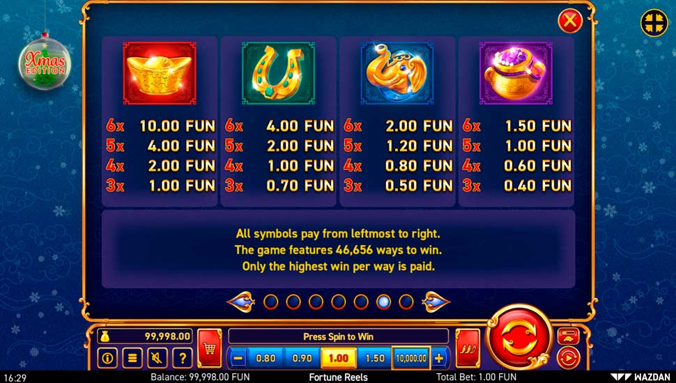 Fortune Reels Xmas Edition slot paytable
