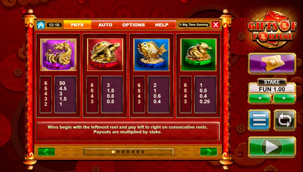 Gifts of Fortune slot paytable