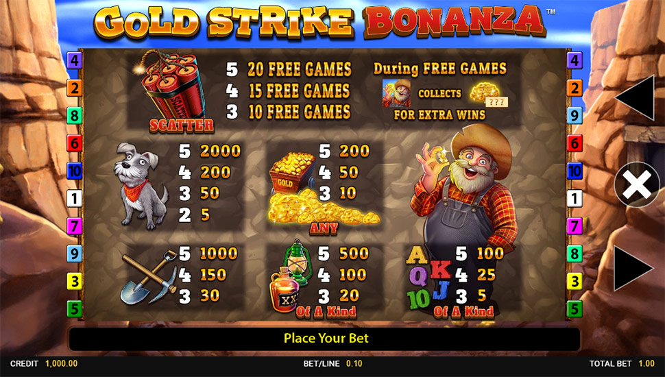 Gold Strike Bonanza Slot - paytable