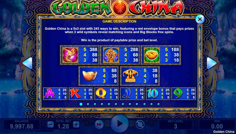 Golden China slot paytable