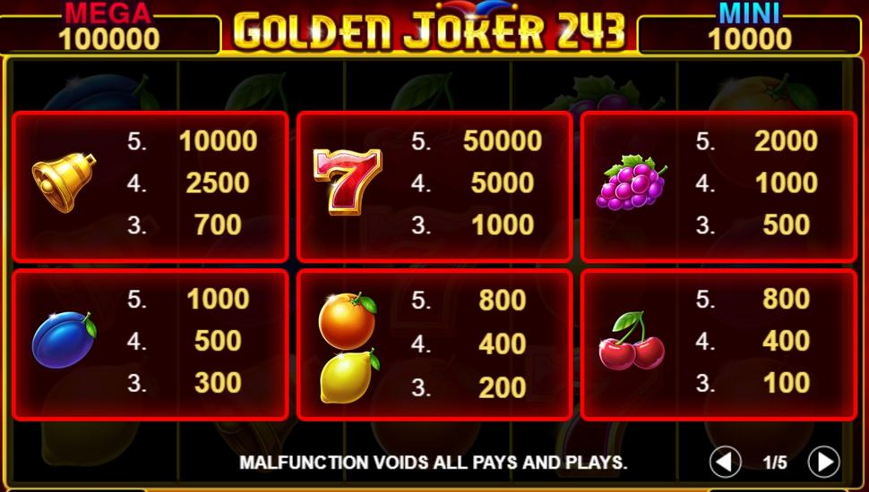 Golden Joker 243 Slot - Paytable