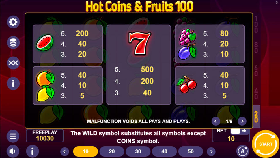 Hot Coins & Fruits 100 slot paytable