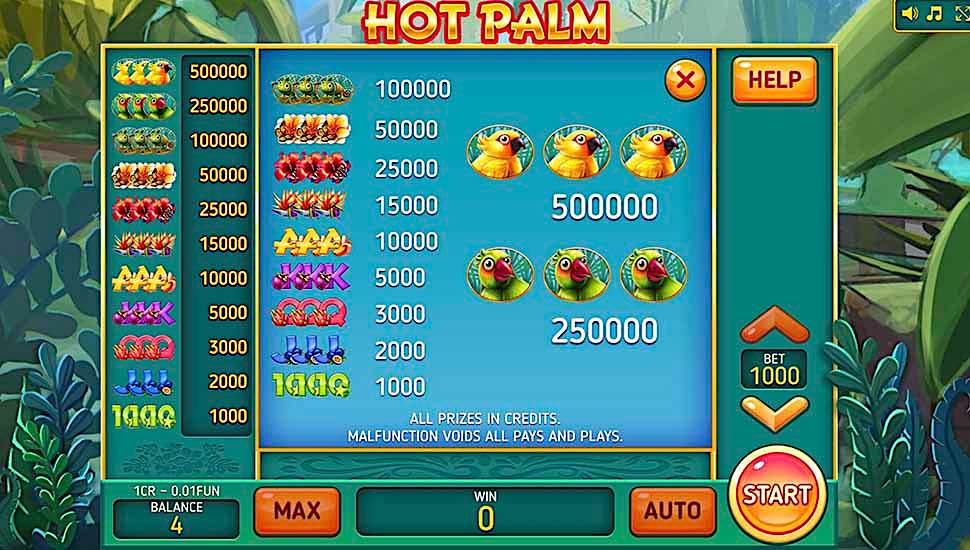 Hot Palm 3x3 slot paytable