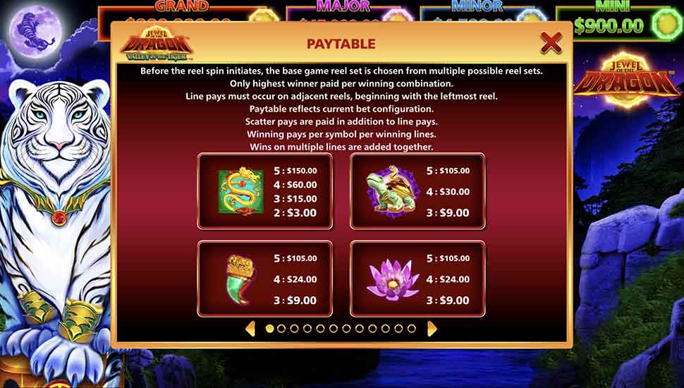Jewel of the Dragon Valley of the Tiger slot paytable