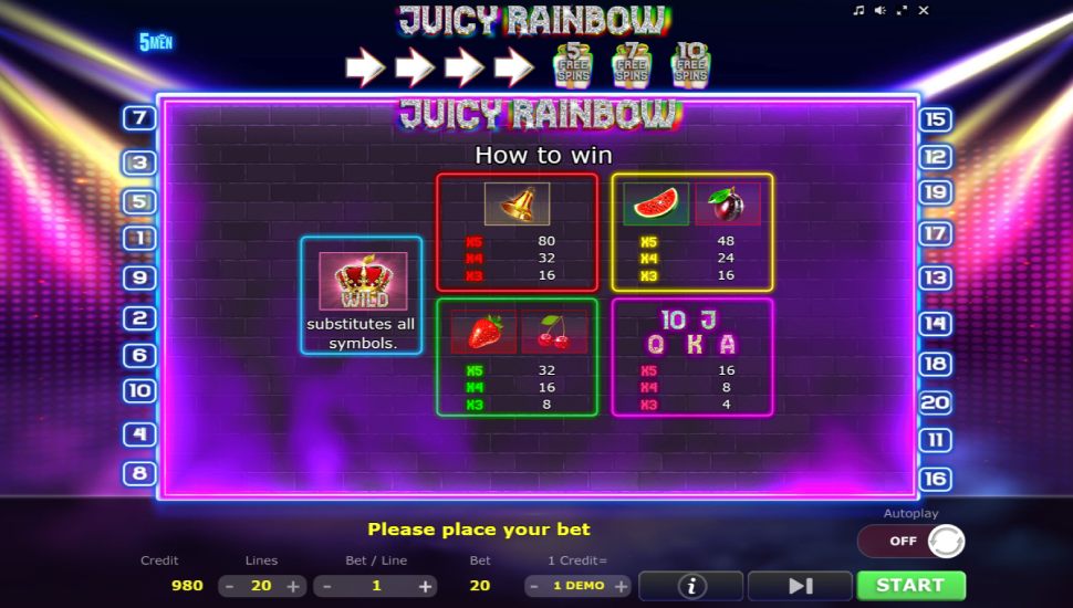 Juicy Rainbow slot - payouts