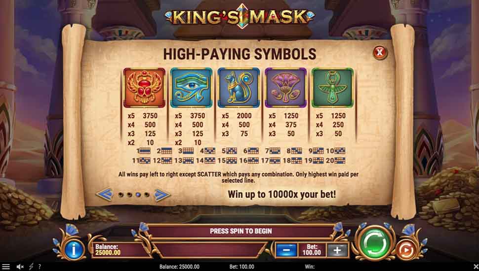 King's Mask slot paytable