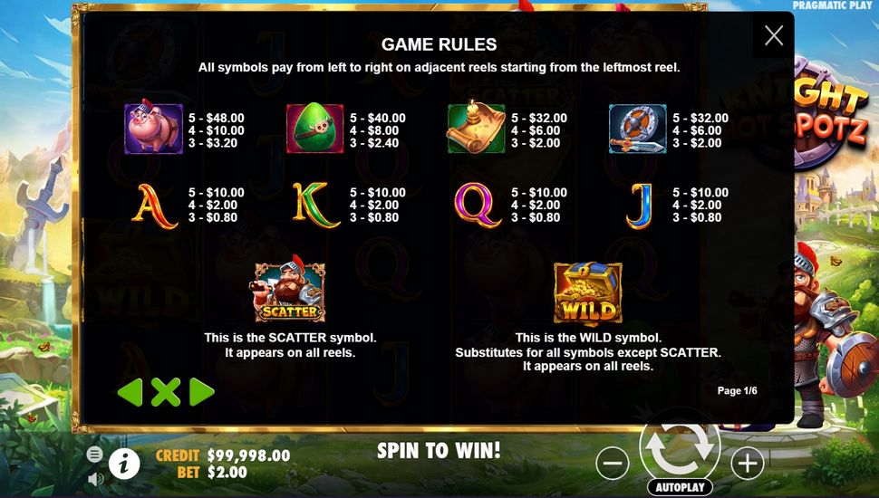 Knight Hot Spotz slot Paytable