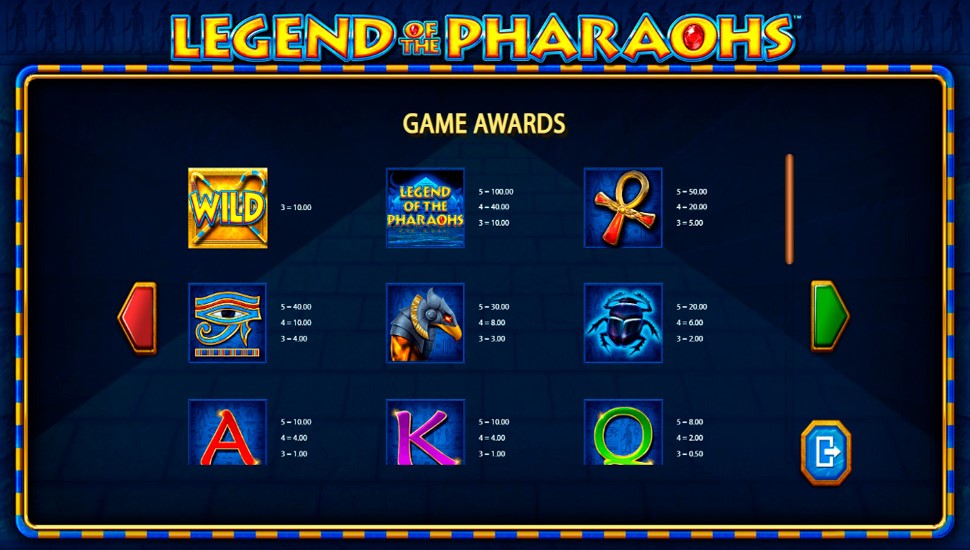 Legend of the pharaohs slot - paytable
