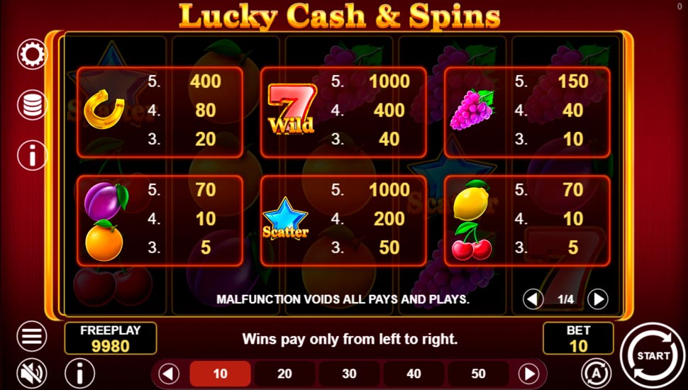 Lucky Cash And Spins slot paytable